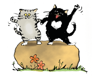 Två glada katter står på en guldsten